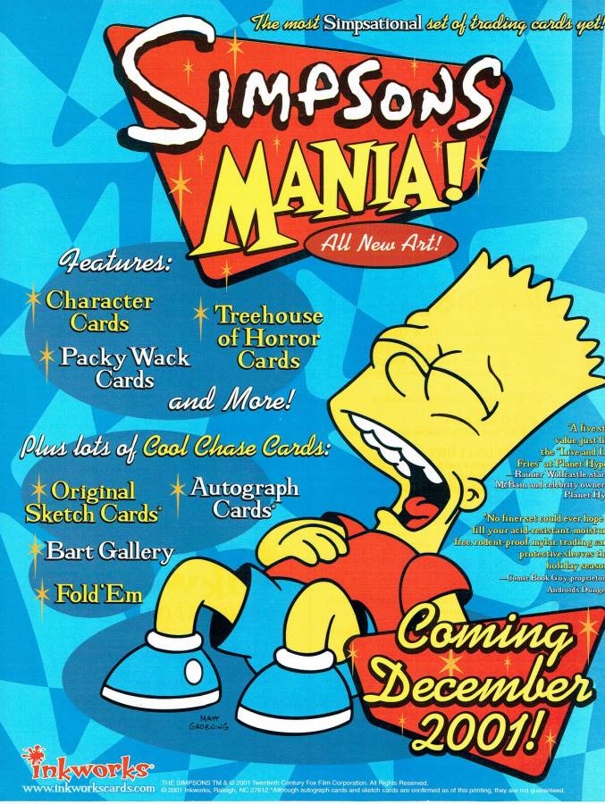 SIMPSONS MANIA TRADING CARDS SELL SHEET