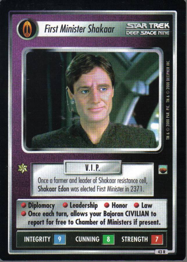 STAR TREK CCG TROUBLE WITH TRIBBLES RARE CARD FIRST MINISTER SHAKAAR
