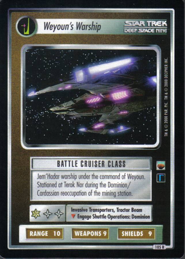 STAR TREK CCG TROUBLE WITH TRIBBLES RARE CARD WEYOUN'S WARSHIP