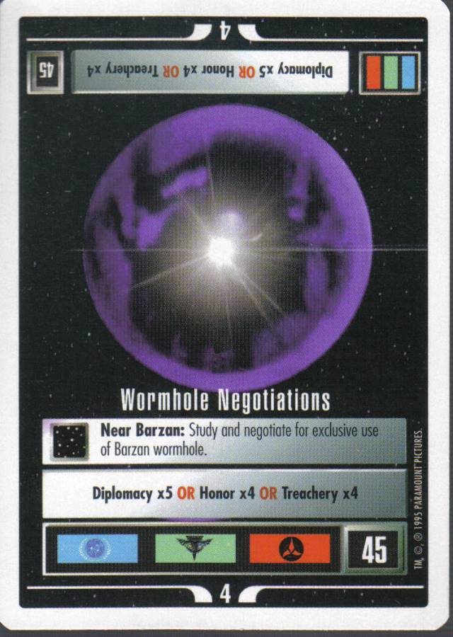 STAR TREK CCG WHITE BORDER PREMIERE 1995 BETA RARE CARD WORMHOLE NEGOTIATIONS