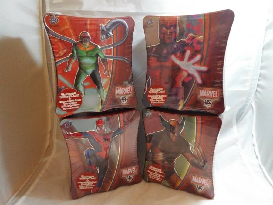 VS SYSTEM, SET OF 4 MARVEL DELUXE COLLECTORS TINS, SPIDERMAN, WOLVERINE, MAGNETO