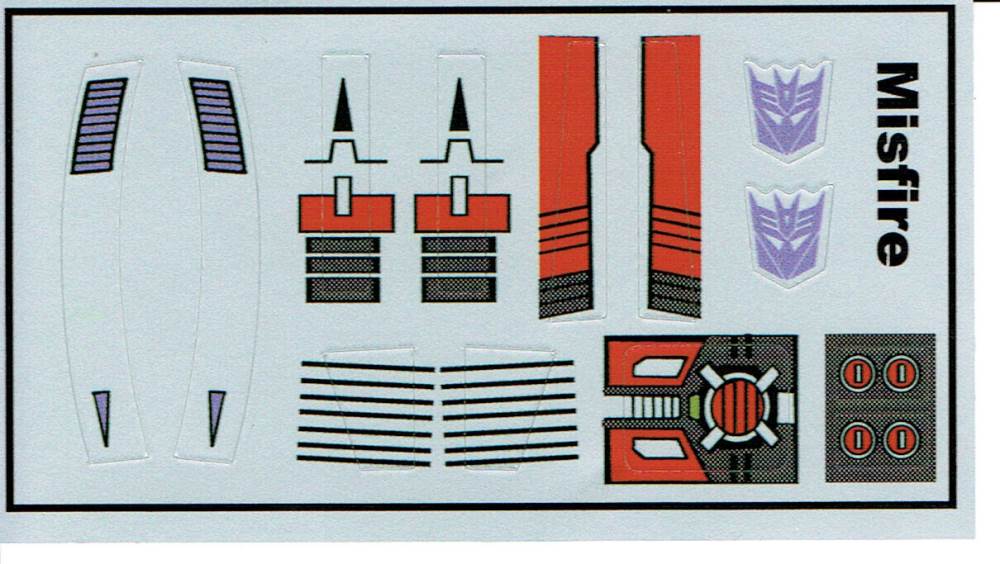 TRANSFORMERS GENERATION 1, G1 DECEPTICON MISFIRE REPRO LABELS / STICKERS