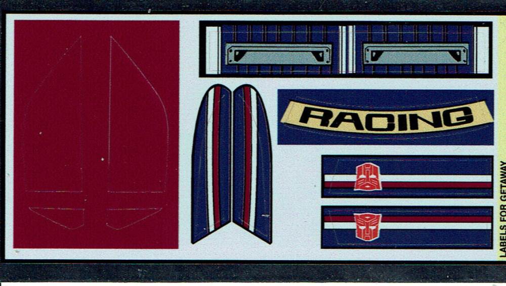 TRANSFORMERS GENERATION 1, G1 AUTOBOT GETAWAY REPRO LABELS / STICKERS