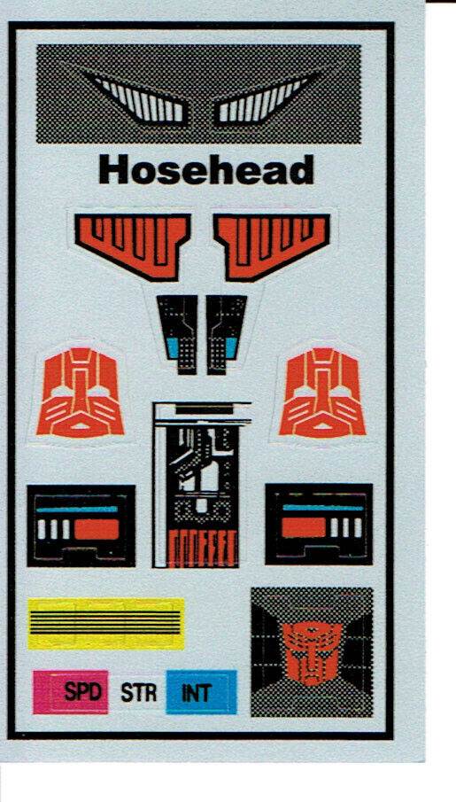 TRANSFORMERS GENERATION 1, G1 AUTOBOT HOSEHEAD REPRO LABELS / STICKERS