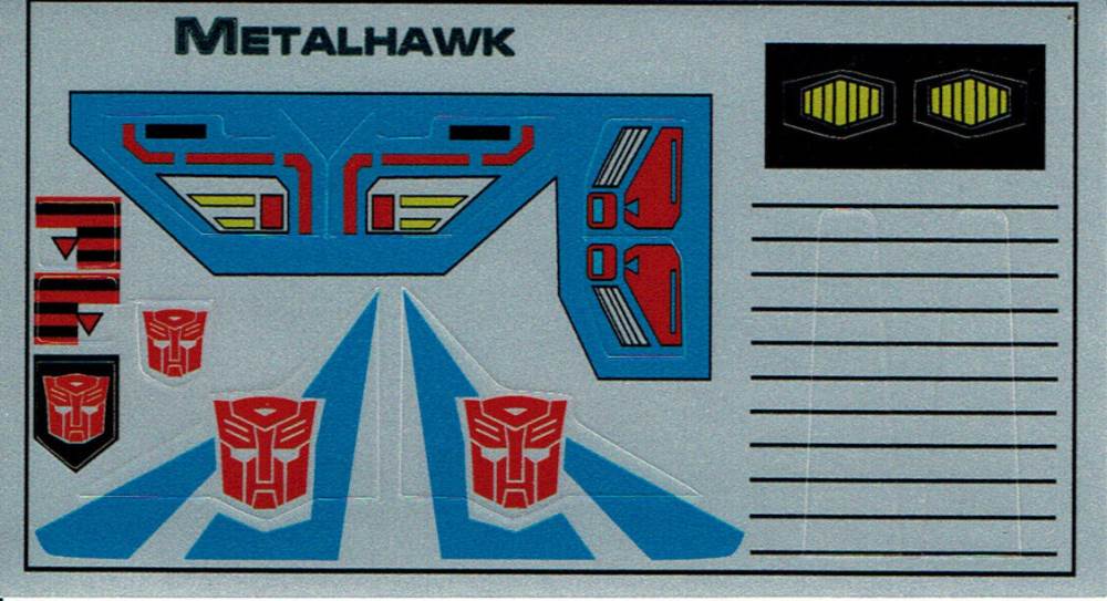TRANSFORMERS GENERATION 1, G1 AUTOBOT METALHAWK REPRO LABELS / STICKERS
