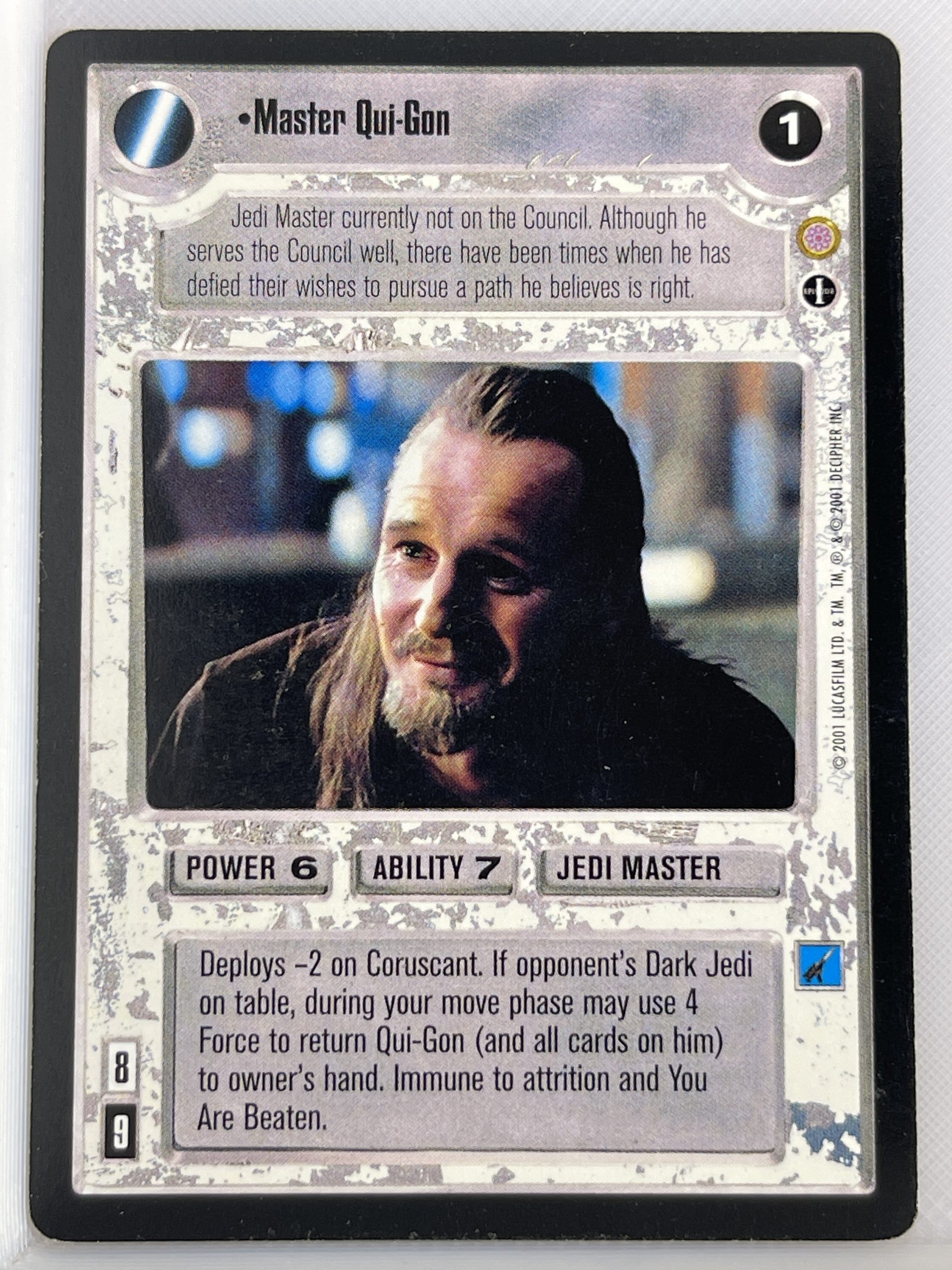 STAR WARS CCG CORUSCANT, LIGHT SIDE RARE CARD MASTER QUI-GON AI ex