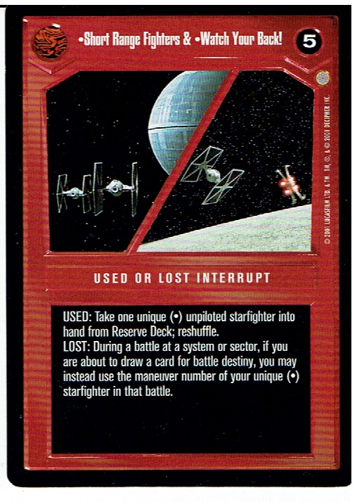 STAR WARS CCG CORUSCANT, DARK SIDE RARE CARD SHORT RANGE FIGHTERS & WATCH YOUR BACK! ex