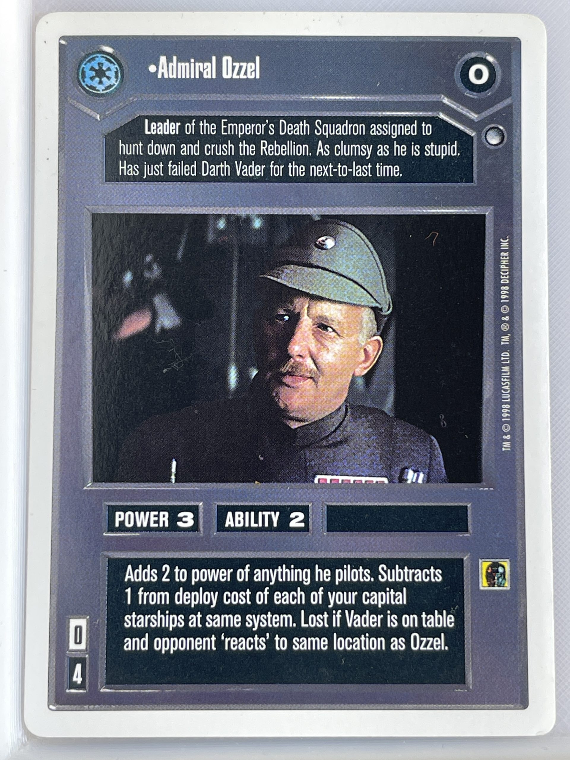 STAR WARS CCG HOTH WHITE BORDER DARK SIDE RARE ADMIRAL OZZEL (damaged)+ PIETT