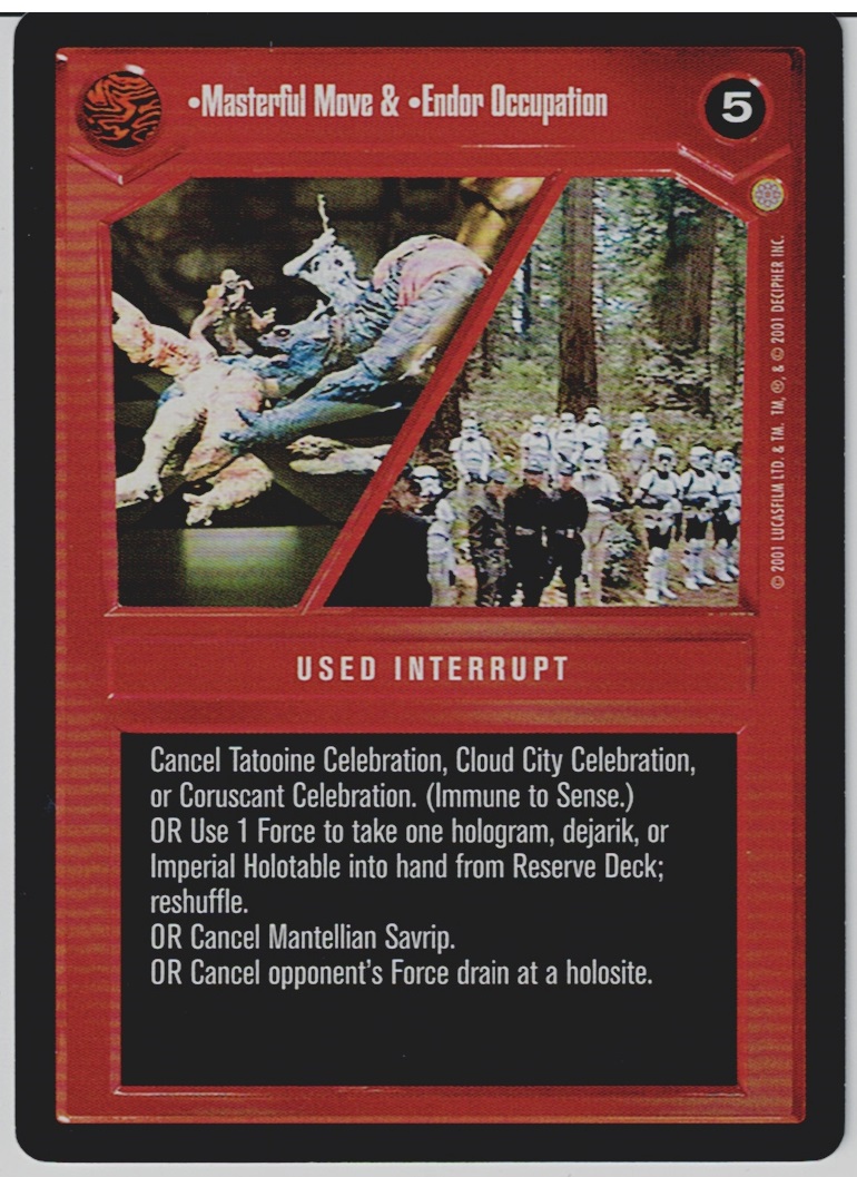 STAR WARS CCG CORUSCANT, DARK SIDE RARE CARD MASTERFUL MOVE & ENDOR OCCUPATION ex