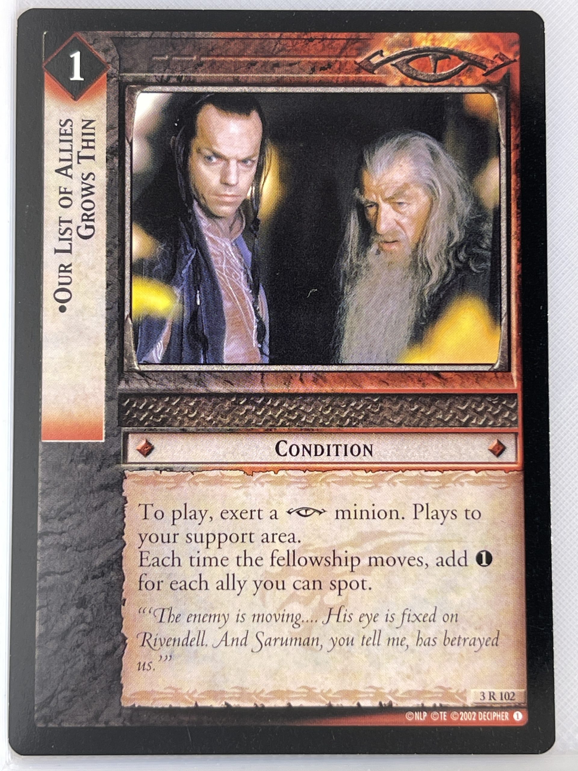 LORD OF THE RINGS TCG REALMS OF THE ELF LORDS RARE 3R102 OUR LIST OF ALLIES GROWS THIN lp