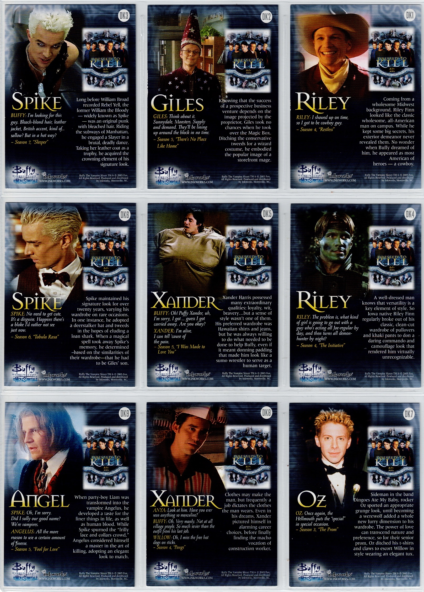 BUFFY MEN OF SUNNYDALE SET OF 9 DRESSED TO KILL CARDS