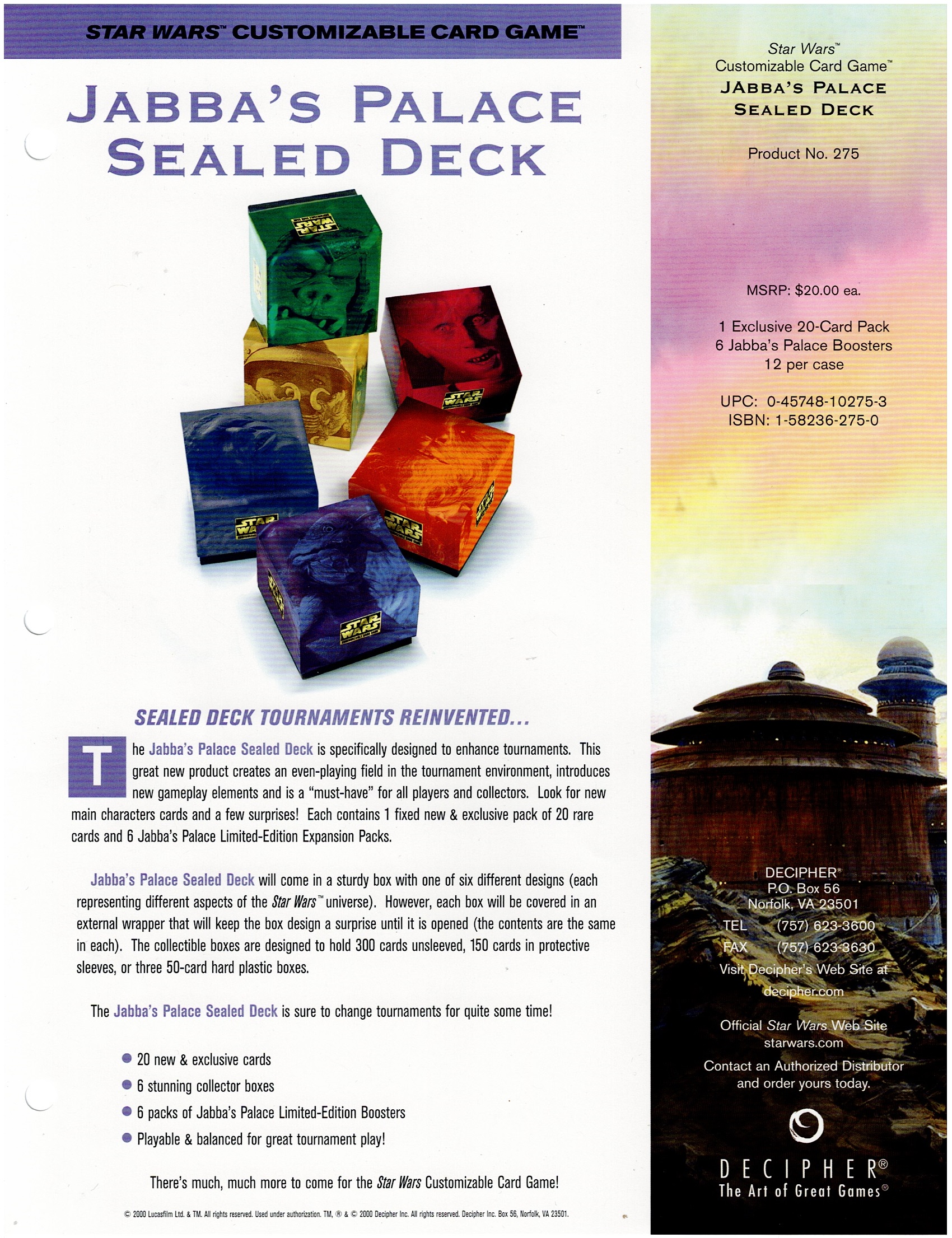 STAR WARS CCG JABBA'S PALACE OTSD SELL SHEET