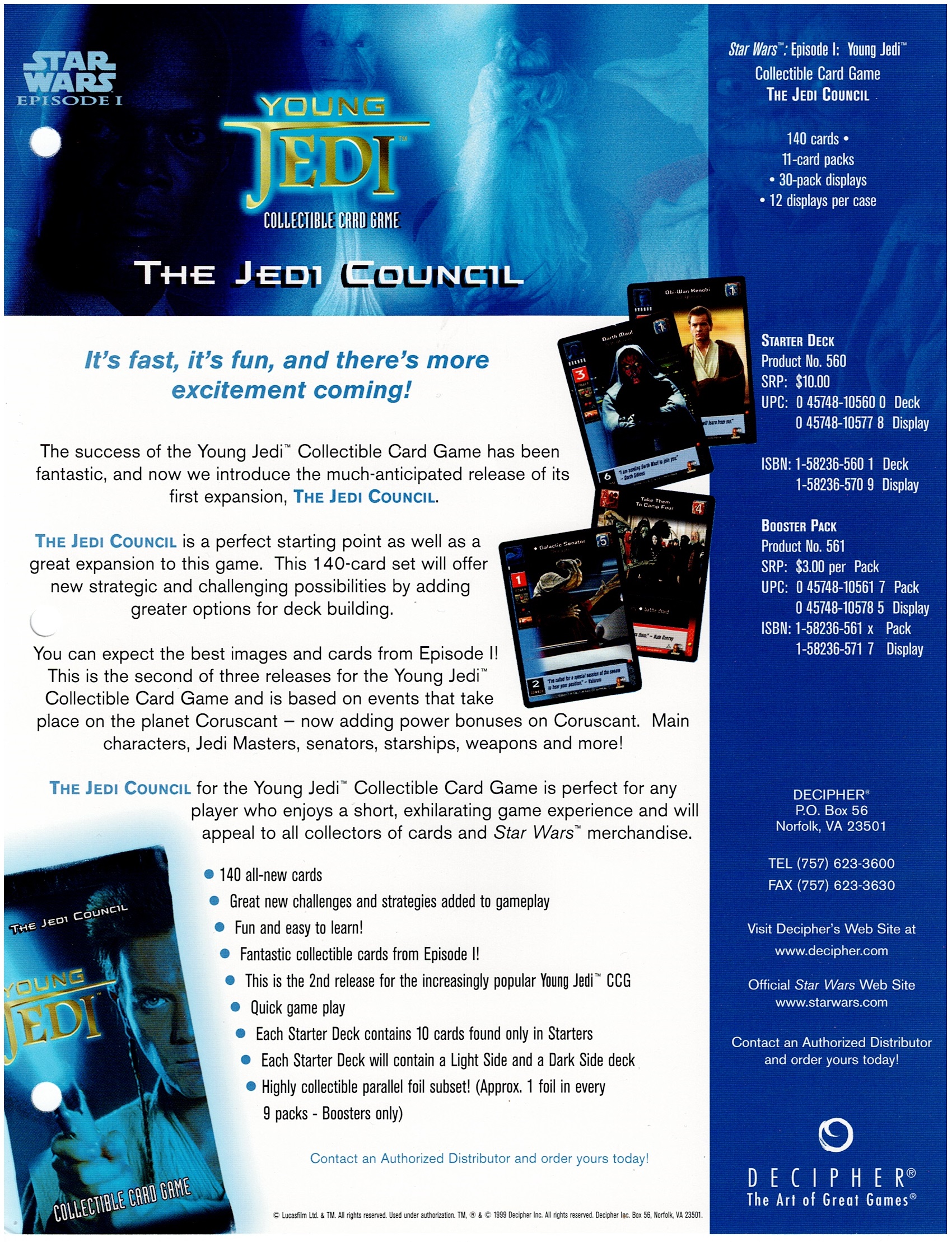 STAR WARS YOUNG JEDI JEDI COUNCIL SELL SHEET