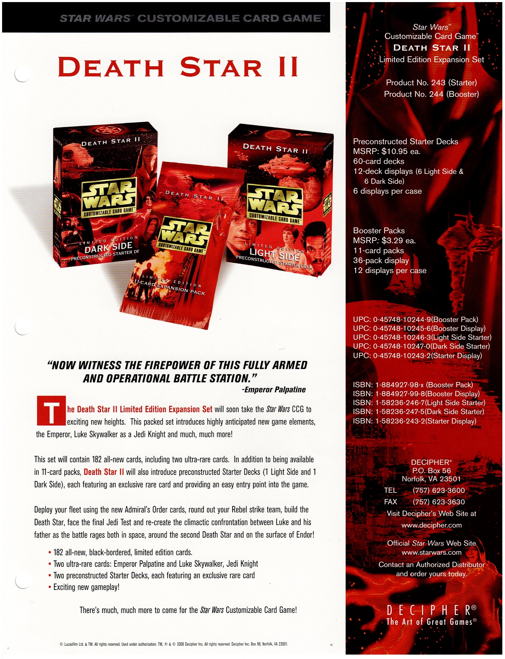 STAR WARS CCG DEATH STAR II SELL SHEET